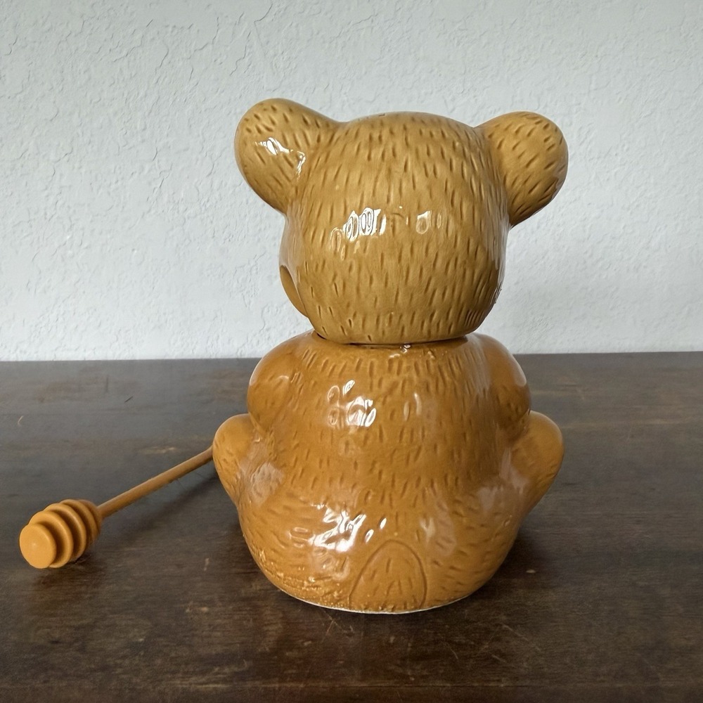 Vintage Ceramic Teddy Bear Honey Pot Jar with Removable Head And Honey Dipper - Picture 3 of 5